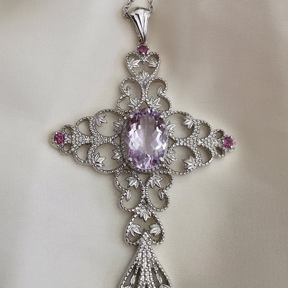 Rose de France Amethyst Orrisa Rhodolite Garnet Pendant w Stanless Steel Chain